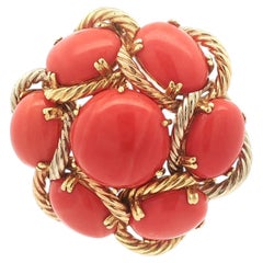 Vintage Retzignac 18k Yellow Gold Fine Coral Twisted Wire Cluster Brooch Pendant