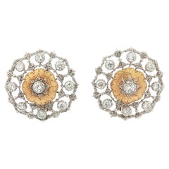 Boucles d'oreilles vintage Mario Buccellati en or 18 carats, ornées de diamants et gravées à la main, à clip, de forme ronde