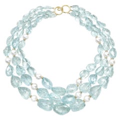 MAZ 18k Gold GIA Tumbled Faceted Bead Aquamarine Pearls 3 Strand Necklace