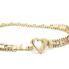 14k Gold Detailed Faceted Panels & Beaded Chevron Link Bracelet w/ Heart Clasp