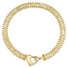 14k Gold Detailed Faceted Panels & Beaded Chevron Link Bracelet w/ Heart Clasp