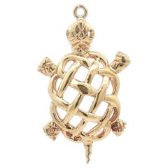 Vintage Yellow Gold Open Work Basket Weave Lattice Design Turtle Charm Pendant