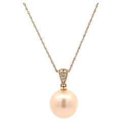 14k Gold 12.5mm Golden Pink Pearl Solitaire Diamond Bail Pendant Chain Necklace
