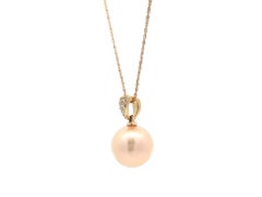 14k Gold 12.5mm Golden Pink Pearl Solitaire Diamond Bail Pendant Chain Necklace