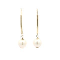 Italian 14k Yellow Gold 10mm Round White Pearls Long Dangle Wire Earrings