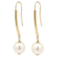 Italian 14k Yellow Gold 10mm Round White Pearls Long Dangle Wire Earrings