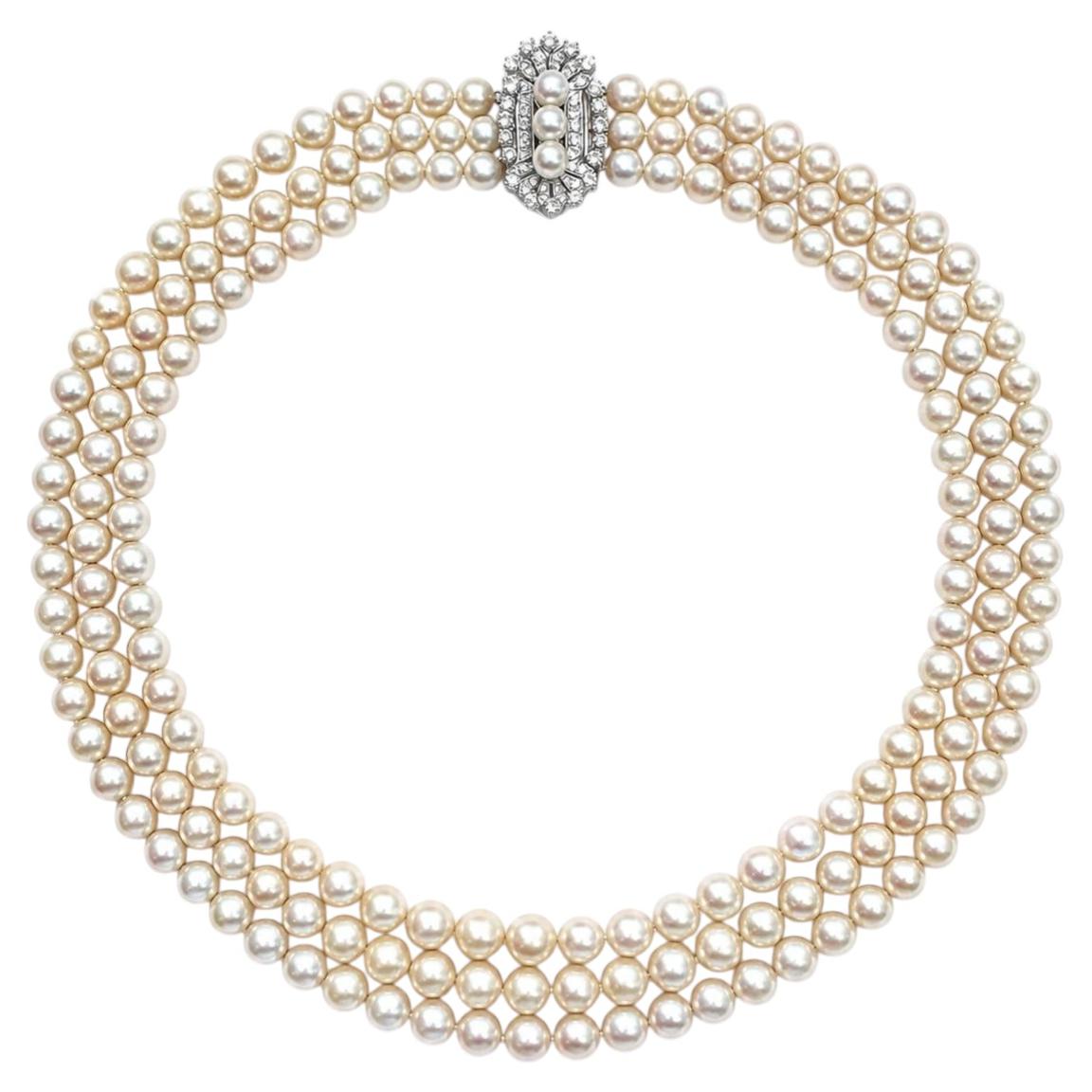 Vintage Mid Century Graduated Pearl 3 Strand Necklace White Gold & Diamond Clasp