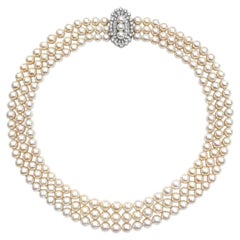 Vintage Mid Century Graduated Pearl 3 Strand Necklace White Gold & Diamond Clasp