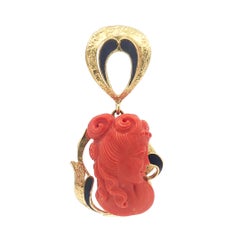 Vintage 18k Gold GIA Italian Carved Coral Portrait Blue Enamel Slide Pendant