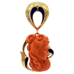Vintage 18k Gold GIA Italian Carved Coral Portrait Blue Enamel Slide Pendant