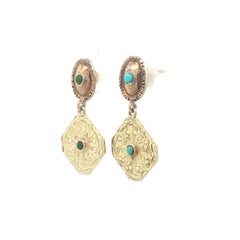 Antique Solid Gold Cabochon Turquoise Repousse Work Dangle Drop Earrings