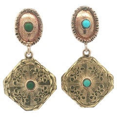 Antique Solid Gold Cabochon Turquoise Repousse Work Dangle Drop Earrings