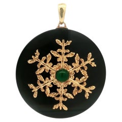 Large 1.9" Black & Green Onyx Pendant 14k Yellow Gold Detailed Snowflake & Bail