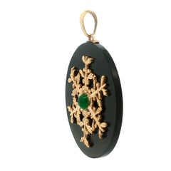 Large 1.9" Black & Green Onyx Pendant 14k Yellow Gold Detailed Snowflake & Bail