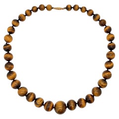 Graduated Round Tiger Eye Bead Strand Necklace w/ 14k Yellow Gold Filigree Clasp
