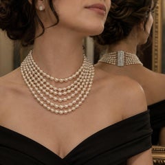 Vintage Mid Century Pearl Graduated 6Strand Necklace Wide 18k Gold Diamond Clasp