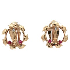 Retro Gold & Palladium Ruby Diamond Holiday Christmas Candle Wreath Earrings