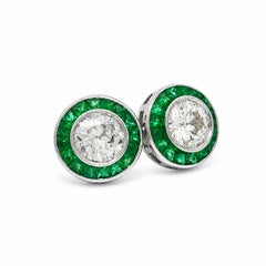 18k White Gold GIA 3.53ctw Emerald Old European Diamond Bezel Stud Earrings