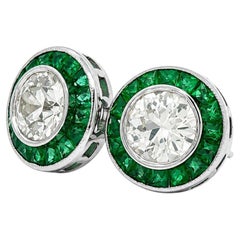 18k White Gold GIA 3.53ctw Emerald Old European Diamond Bezel Stud Earrings