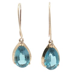 Vintage Handmade 14k Yellow Gold Pear Swiss Blue Topaz Dangle Hook Earrings