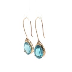 Vintage Handmade 14k Yellow Gold Pear Swiss Blue Topaz Dangle Hook Earrings