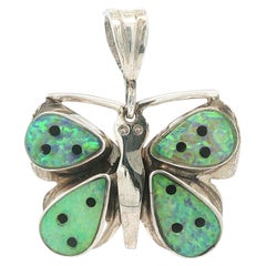 Vintage Nel J. Handmade Sterling Silver Opal Onyx Butterfly Pin Brooch Pendant