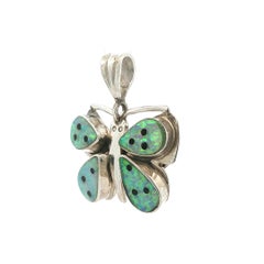 Vintage Nel J. Handmade Sterling Silver Opal Onyx Butterfly Pin Brooch Pendant