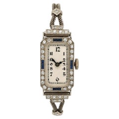 Antique Art Deco Platinum Diamond & Sapphire Swiss Watch White Gold Bracelet