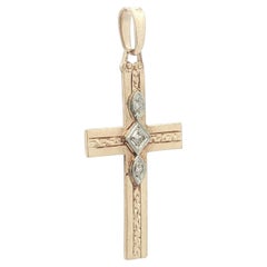 Antique 10k Gold Old Diamond Hand Engraved Cross Pendant