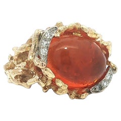 Vintage Unique Solid Gold Oval Fire Opal Diamond Nugget Texture Ring
