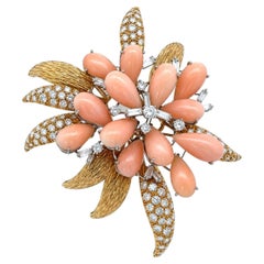 Vintage 18k Gold Pear Angel Skin Coral 5.80ctw Diamond Large Spray Flower Brooch