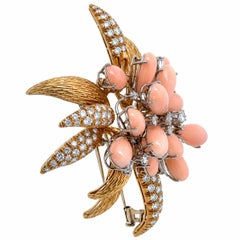 Vintage 18k Gold Pear Angel Skin Coral 5.80ctw Diamond Large Spray Flower Brooch