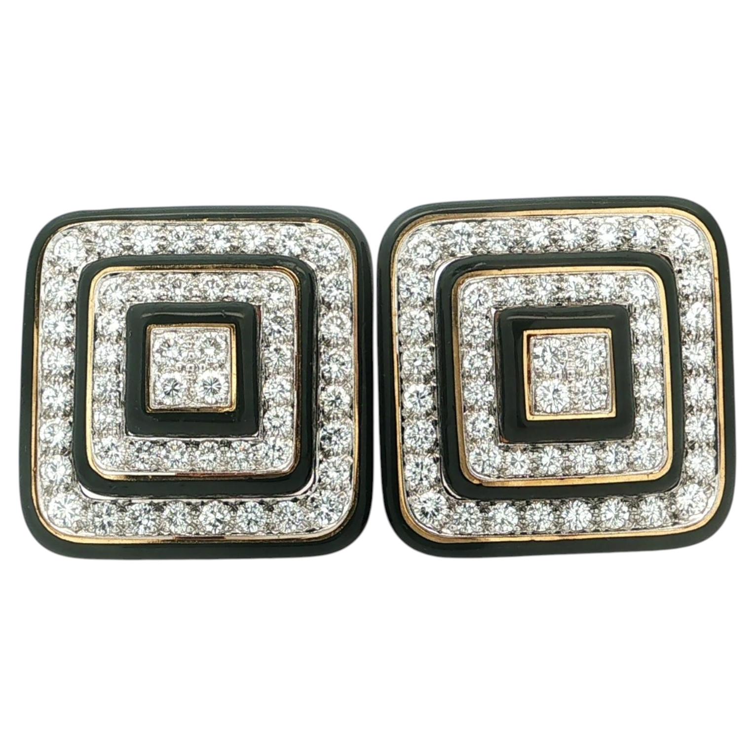 Pre-owned David Webb 18k Gold & Platinum 5.5ctw Diamond Black Enamel Square Step Earrings