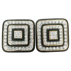 David Webb 18k Gold & Platinum 5.5ctw Diamond Black Enamel Square Step Earrings