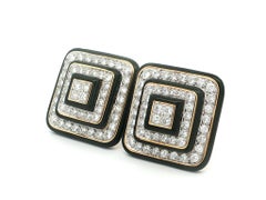 David Webb 18k Gold & Platinum 5.5ctw Diamond Black Enamel Square Step Earrings