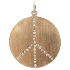 14k Yellow Gold Brushed Burnish .30ctw Diamond Peace Symbol Large Disc Pendant