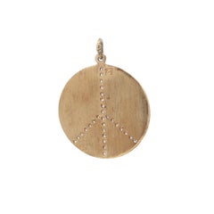 14k Yellow Gold Brushed Burnish .30ctw Diamond Peace Symbol Large Disc Pendant