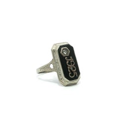 Antique Art Deco 1925 White Gold Black Onyx w/ Diamond Engraved Work Date Ring