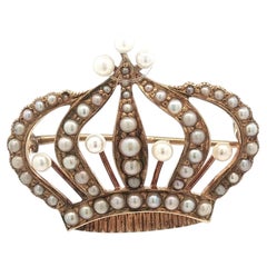 Antique Yellow Gold Seed Pearl Crown Pin Brooch w/ Hook to Hang A Charm