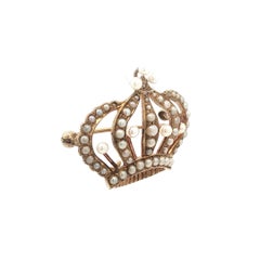 Antique Yellow Gold Seed Pearl Crown Pin Brooch w/ Hook to Hang A Charm