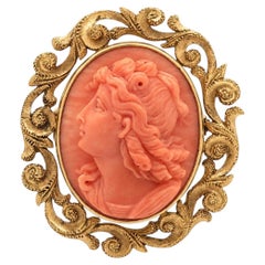 Antique Victorian Yellow Gold Carved Coral Cameo Acanthus Frame Pin Brooch