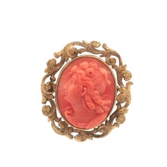 Antique Victorian Yellow Gold Carved Coral Cameo Acanthus Frame Pin Brooch