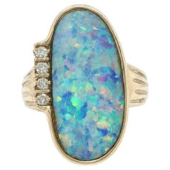 Vintage Yellow Gold Bezel Colorful Boulder Opal & Diamond Freeform Ring