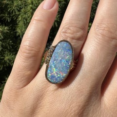 Vintage Yellow Gold Bezel Colorful Boulder Opal & Diamond Freeform Ring