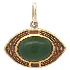 Vintage Yellow Gold Oval Cabochon Jade Textured Work Eye Charm Pendant