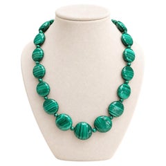 Double Cabochon Malachite Bead Strand Necklace w/ Sterling Silver Hook Clasp