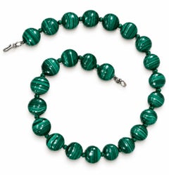 Double Cabochon Malachite Bead Strand Necklace w/ Sterling Silver Hook Clasp
