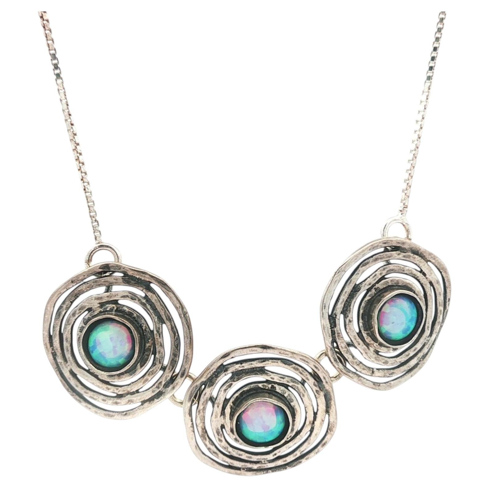 Pre-owned Trio Handmade Sterling Silver Opal Concentric Disk  Pendant Necklace In Multiple
