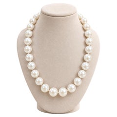 14k Yellow Gold 12.9mm Pearl Bead Strand Necklace w/ Fluted Push Clasp