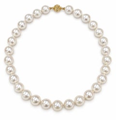 14k Yellow Gold 12.9mm Pearl Bead Strand Necklace w/ Fluted Push Clasp